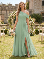 Chiffon One Shoulder A Line Long Bridesmaid Dresses with Ruffles