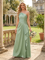 Satin One Shoulder A Line Long Bridesmaid Dresses with Ruffles