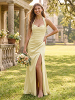 Satin Mermaid Halter Long Bridesmaid Dresses with Slit