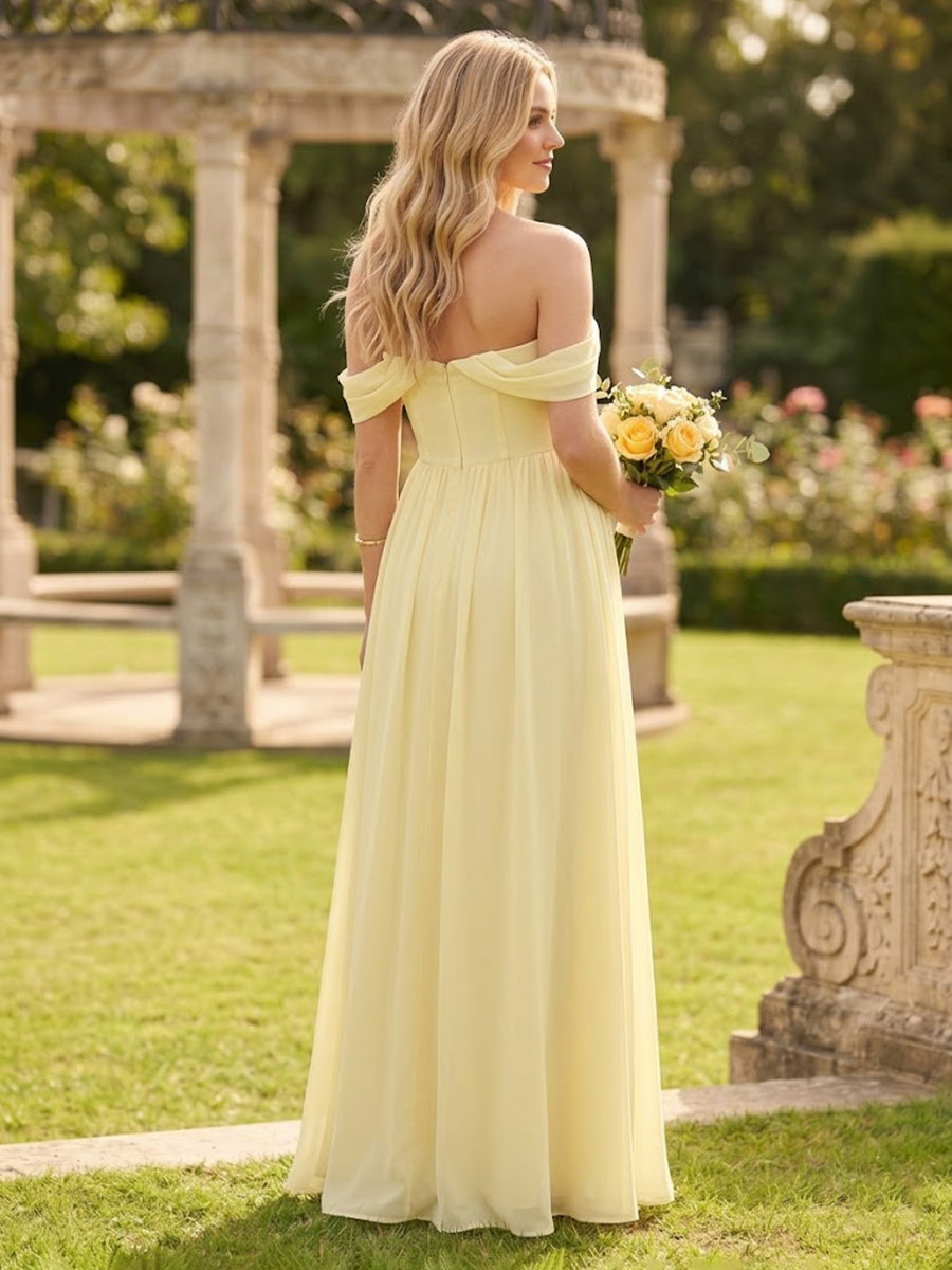 Chiffon Strapless Off Shoulder A Line Long Bridesmaid Dresses