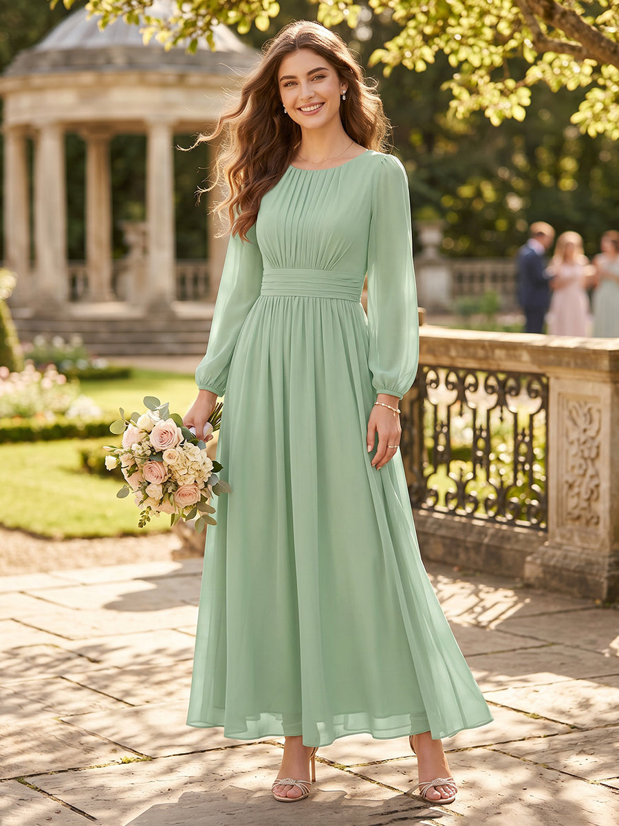 Chiffon Round Neck A Line Long Sleeves Bridesmaid Dresses