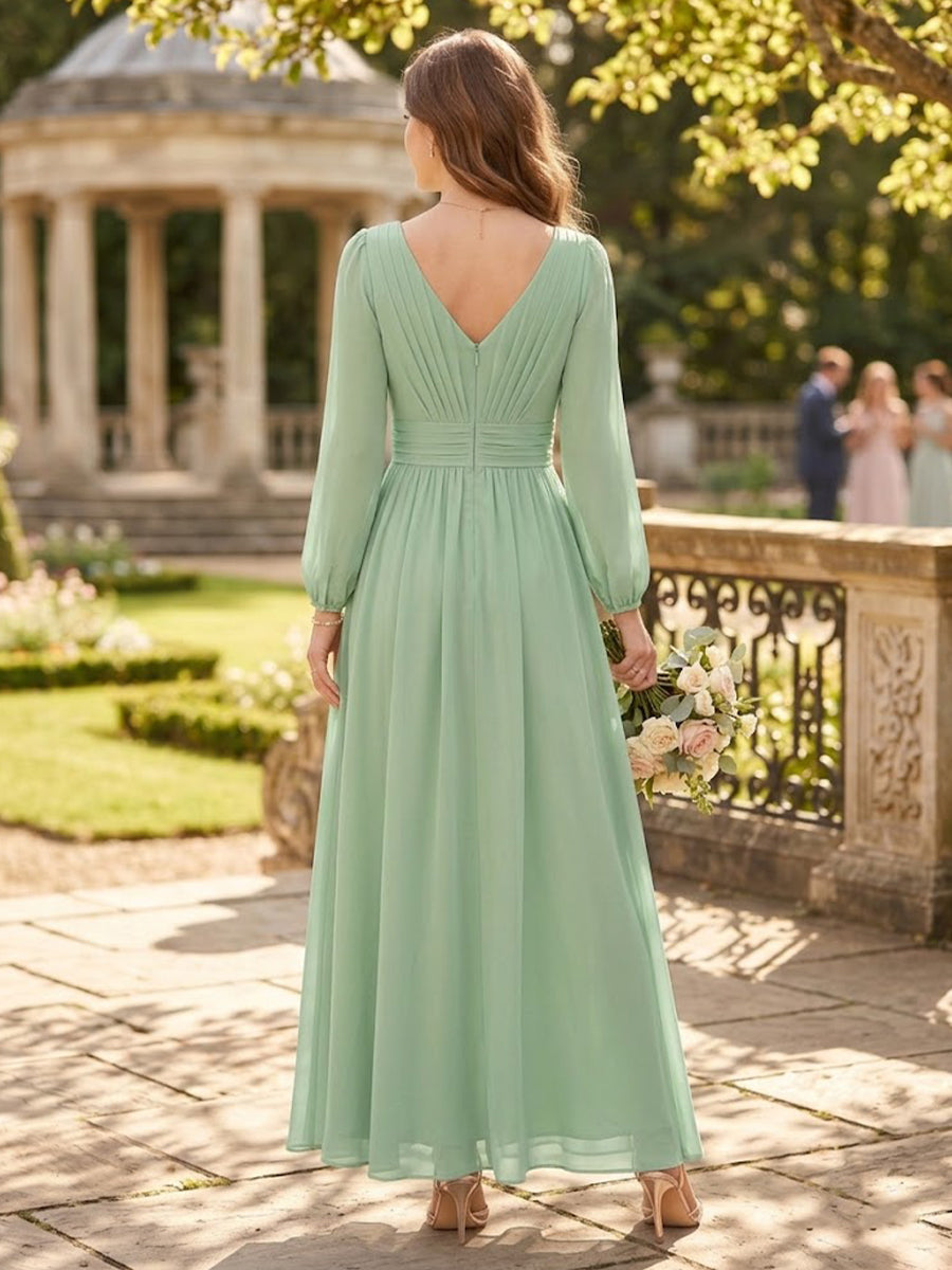 Chiffon Round Neck A Line Long Sleeves Bridesmaid Dresses