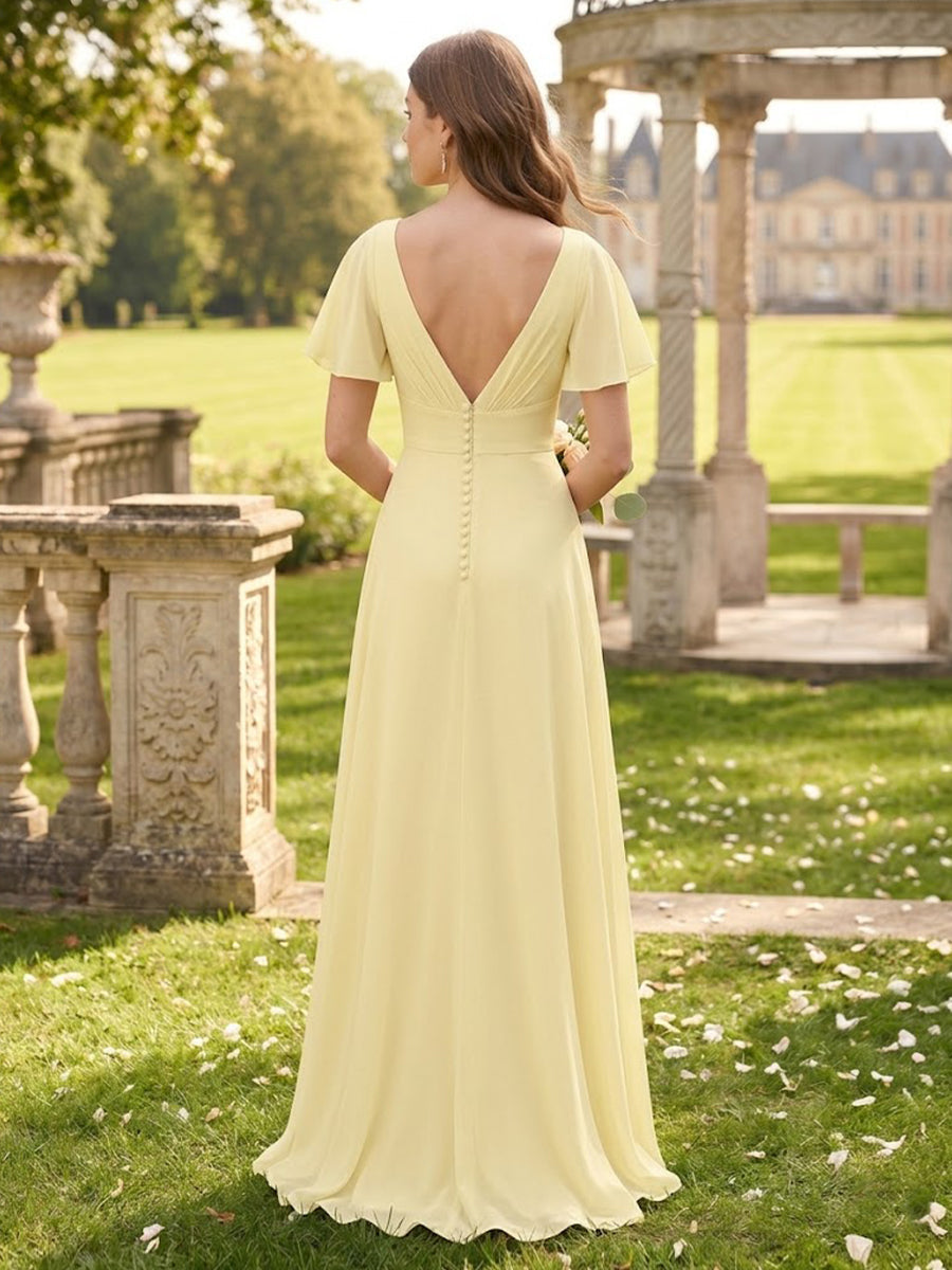 Chiffon V Neck Long Flutter Sleeves Bridesmaid Dresses with Slit