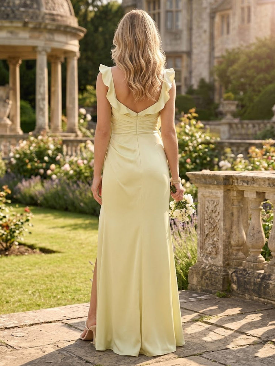 Satin Ruffles Straps A Line Long Bridesmaid Dresses with Slit