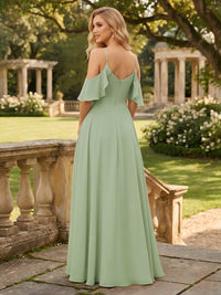 Chiffon Off the Shoulder Long A Line V Neck Bridesmaid Dresses with Slit