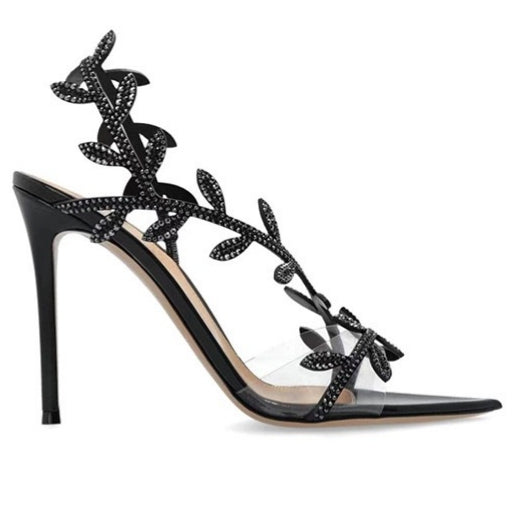 Pointed Toe High Heels Party Shoes with Rhinestone Leaves