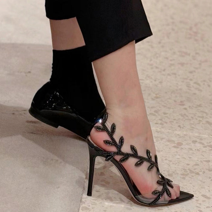 Pointed Toe High Heels Party Shoes with Rhinestone Leaves