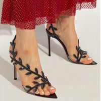 Pointed Toe High Heels Party Shoes with Rhinestone Leaves
