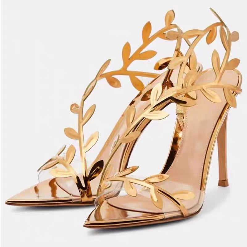 Pointed Toe High Heels Party Shoes with Leaf Embellishments