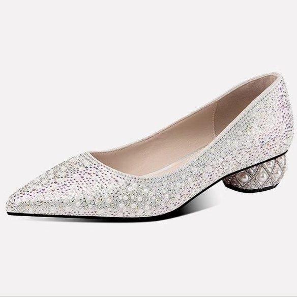 Closed Toe Chunky Heel Pearl Embellished Rhinestone Party Shoes