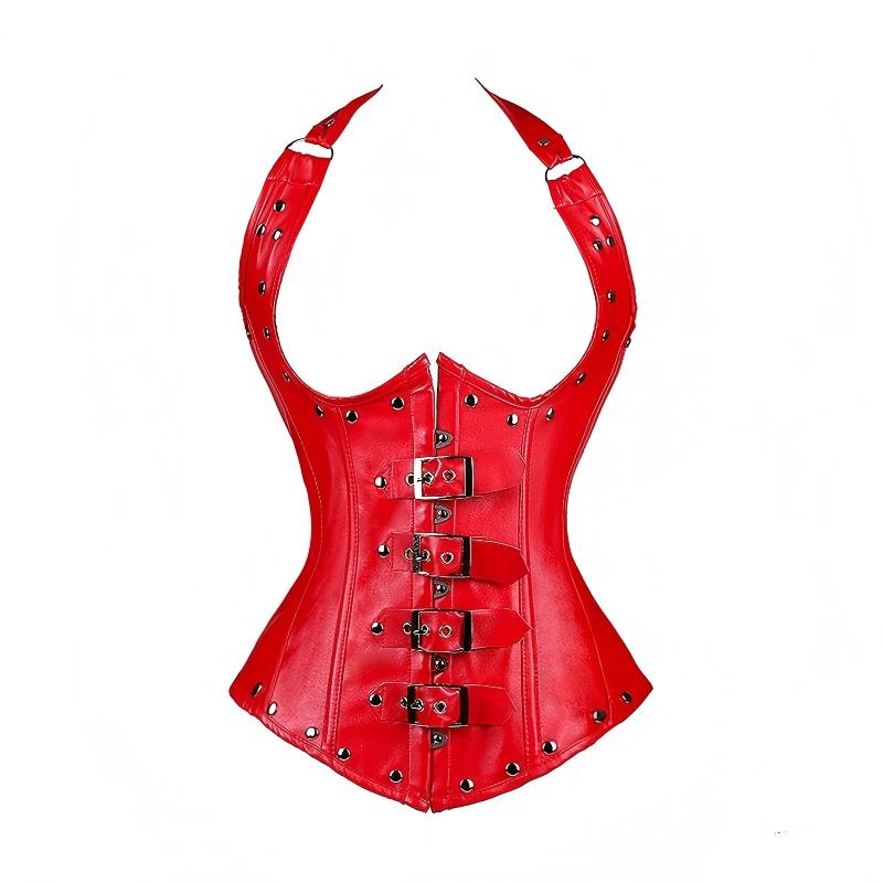 Gothic Halter PU Leather Corset with Steel Bones Shapewear Shorts