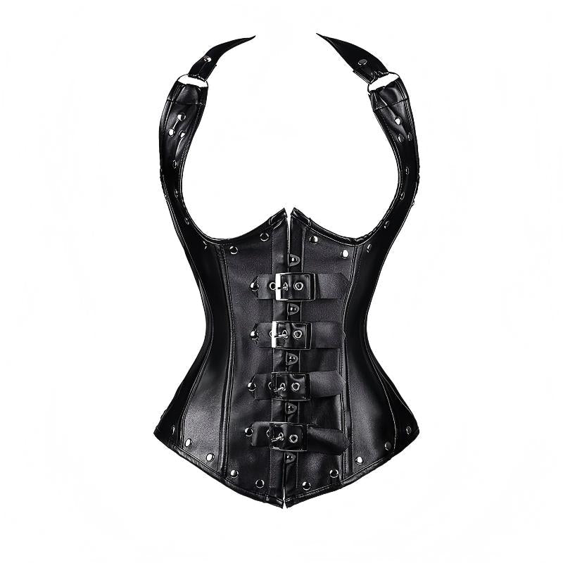Gothic Halter PU Leather Corset with Steel Bones Shapewear Shorts