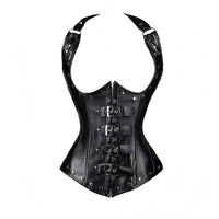 Gothic Halter PU Leather Corset with Steel Bones Shapewear Shorts
