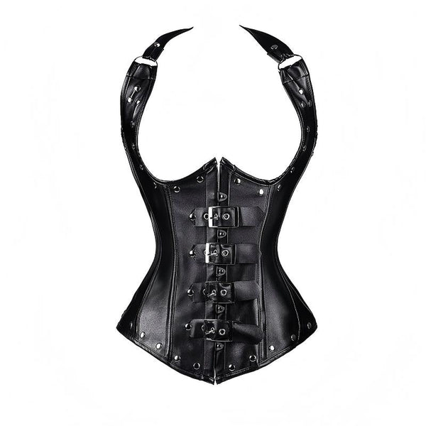 Gothic Halter PU Leather Corset with Steel Bones Shapewear Shorts