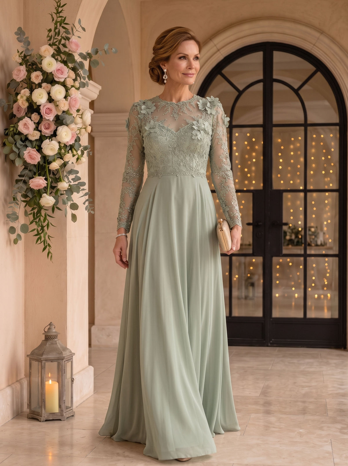 Jewel Lace A Line 3D Flower Floor Length Mother of the Bride/Groom Dresses